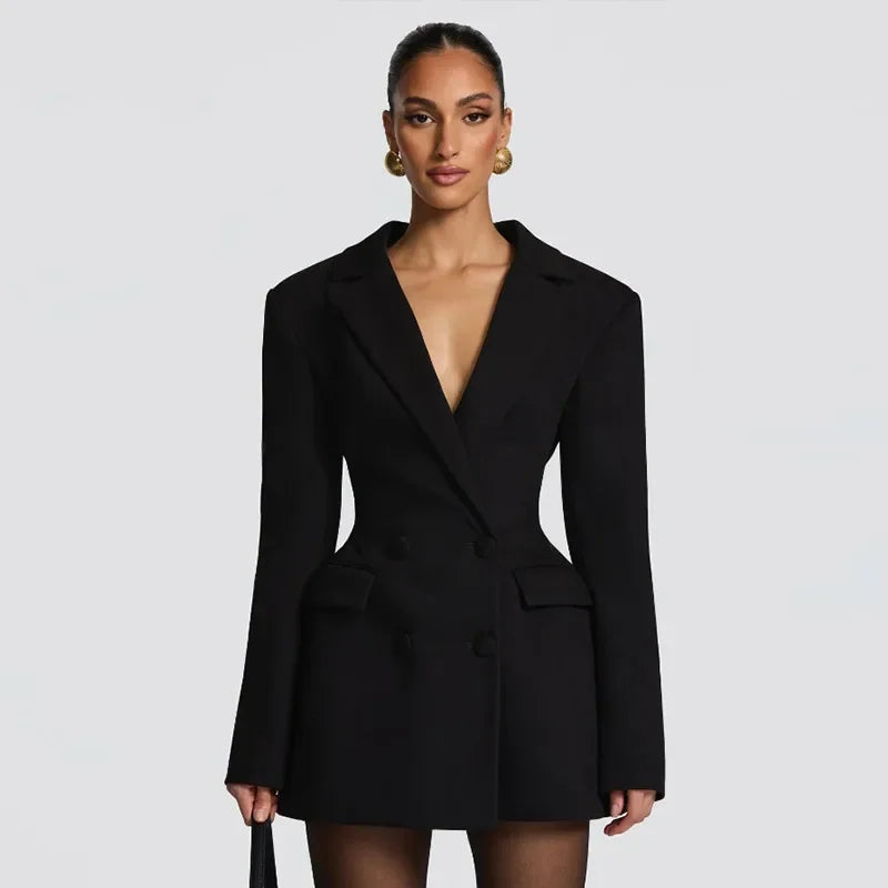 Solid Waist Cinching Blazer Dress Women Chic Long Sleeves Lapel V-neck Double Breasted Slim Short Dresses Lady Daily Street Gown