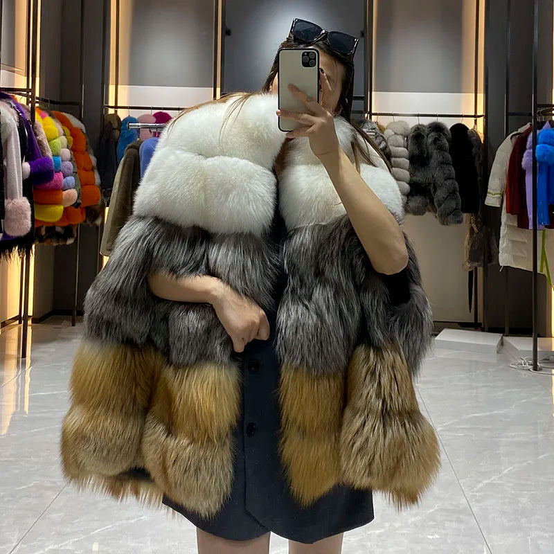 KIMLUD, JANEFUR Women's Winter Warm Cloak True Fox Fur Cloak Six-section Stand-up Collar Fox Poncho Winter Female Cape, KIMLUD Womens Clothes