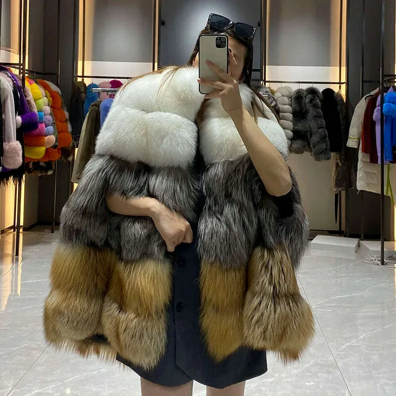 KIMLUD, JANEFUR Women's Winter Warm Cloak True Fox Fur Cloak Six-section Stand-up Collar Fox Poncho Winter Female Cape, KIMLUD Womens Clothes
