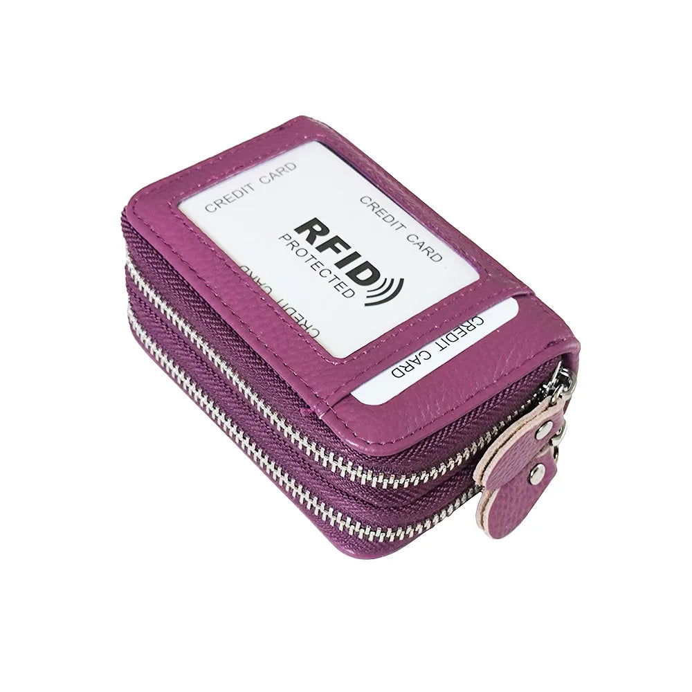 Genuine Leather Wallets RFID Blocking Double Zipper — Black | KIMLUD