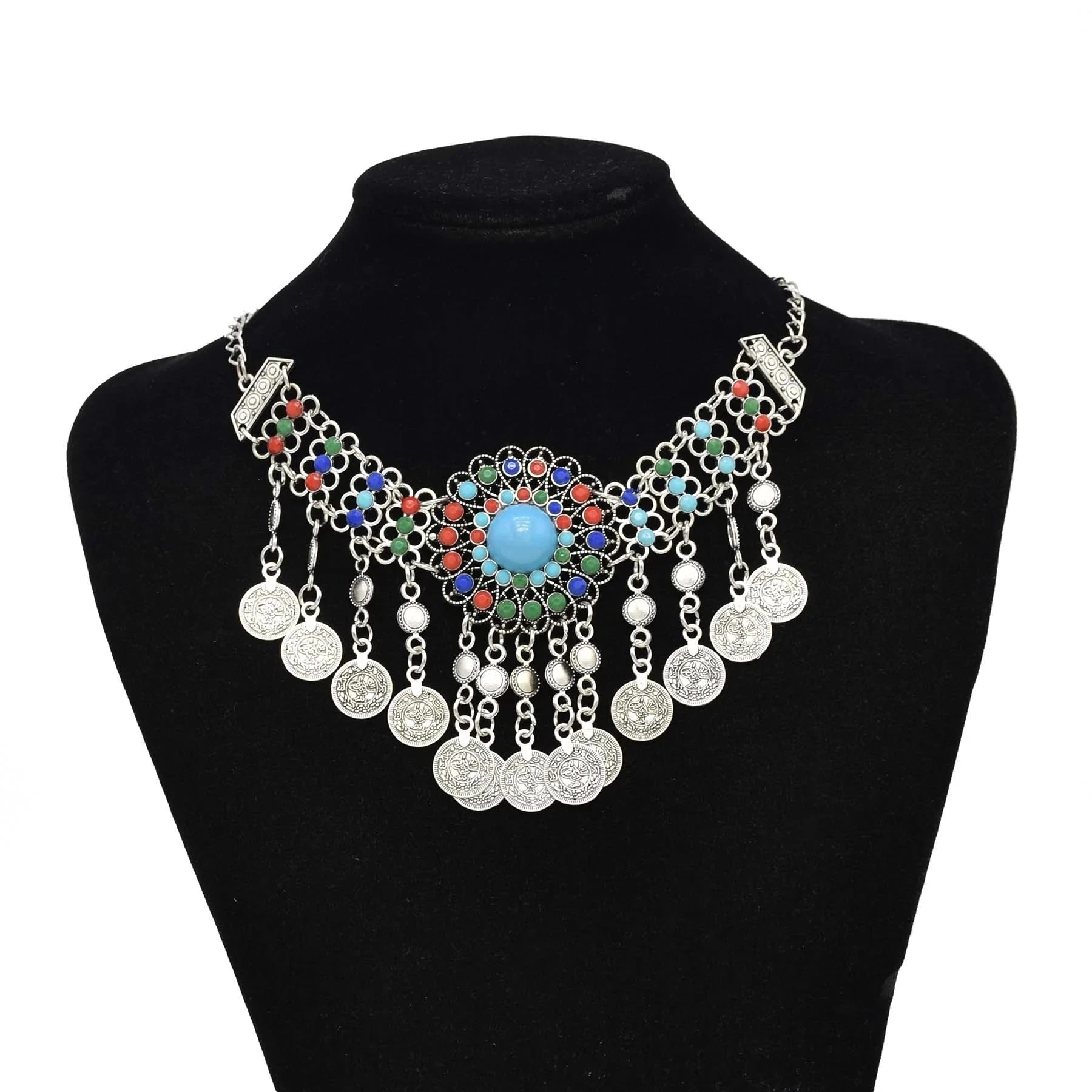 Gypsy Boehmian Hippie Collar Necklaces for Women Big Chunky Tibetan Silver Metal Necklace Festival Turkish Party Jewelry Gift