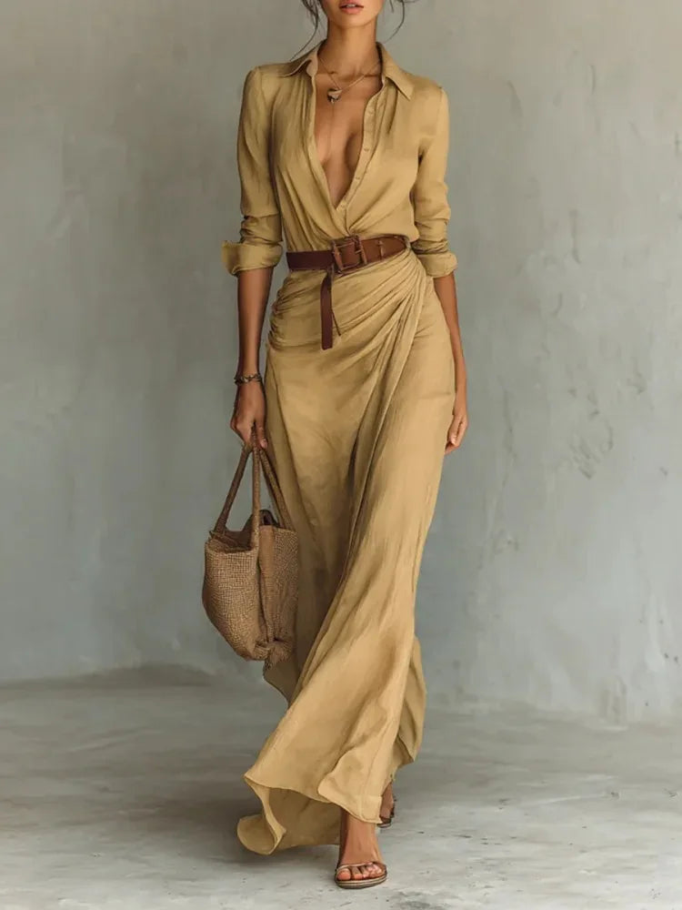 Elegant Solid Color Irregular Pleated Dress Belt Women's Autumn New Item Single Breasted Long Sleeved Shirt Long Frock Vestidos