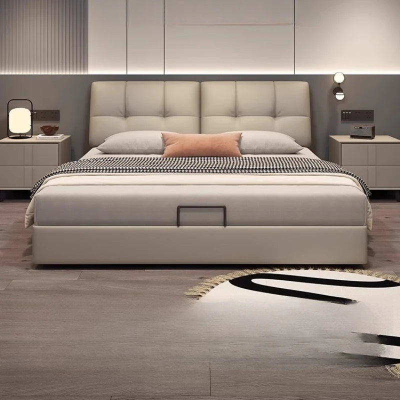 Minimalist Leather Storage Double Bed Modern Frame — Dove Gray | KIMLUD