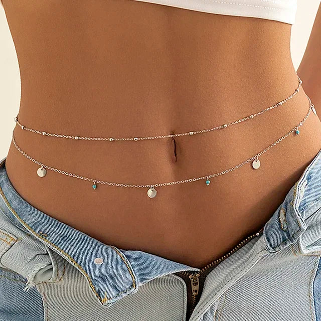 Pearl Chain Belly Belt Double Layer — Silver | KIMLUD
