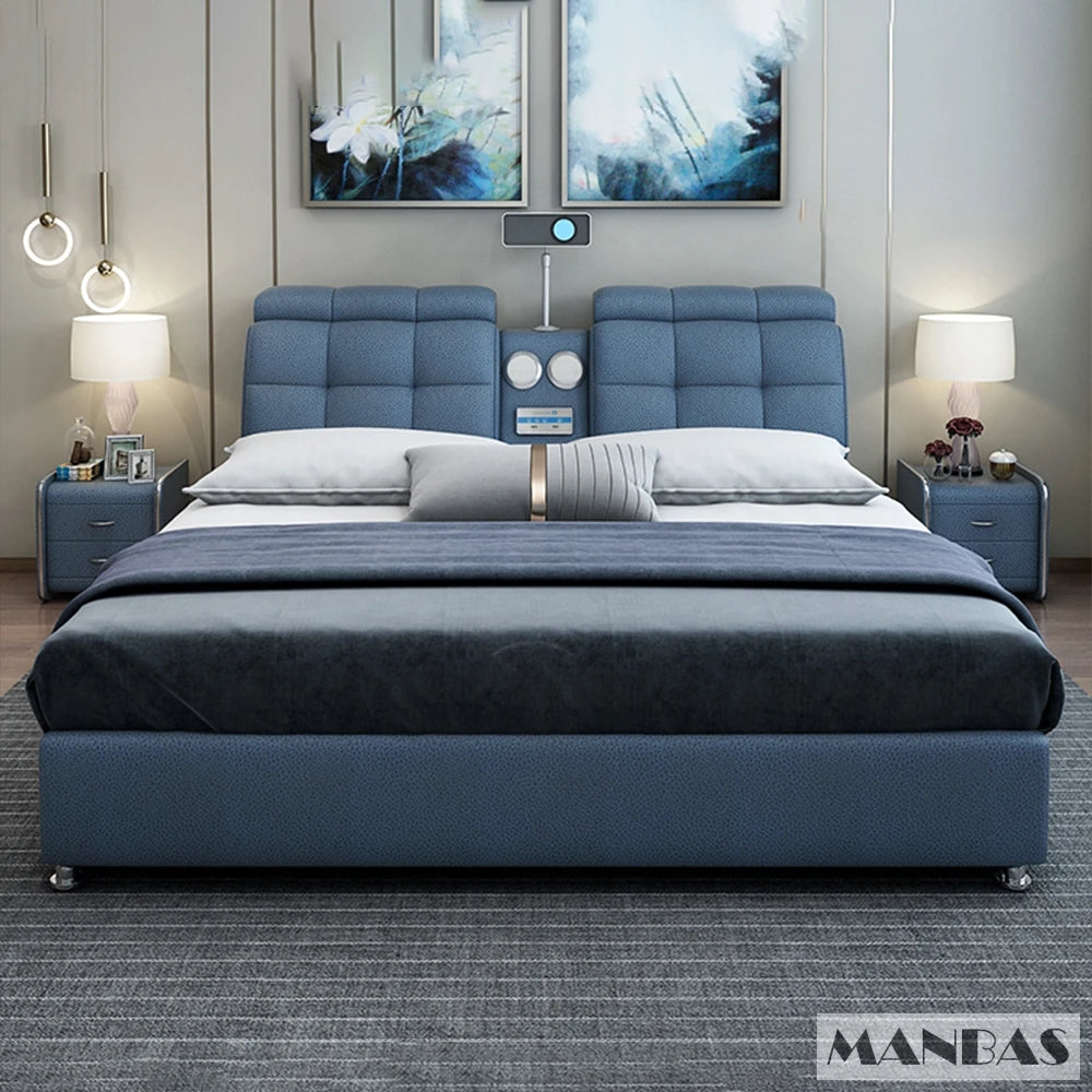 Genuine Leather Bed Frame Smart Multifunctional Tech — Ivory | KIMLUD