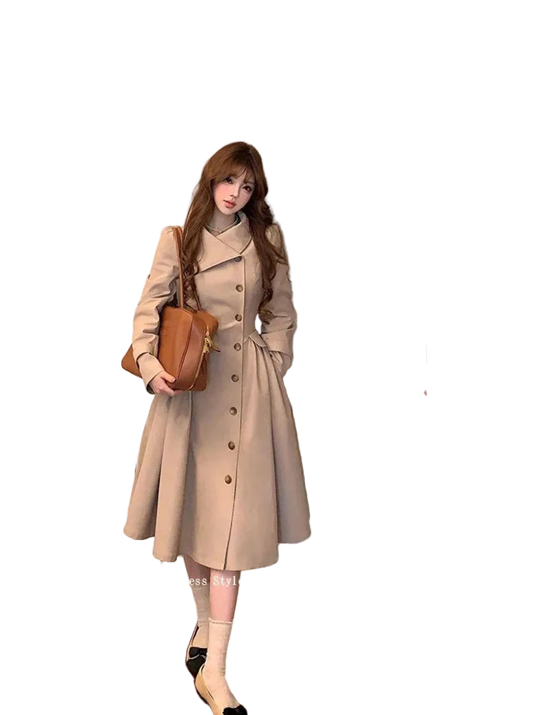 Polyester Trench Coat Waist-Defining Long Single Breasted — Beige | KIMLUD