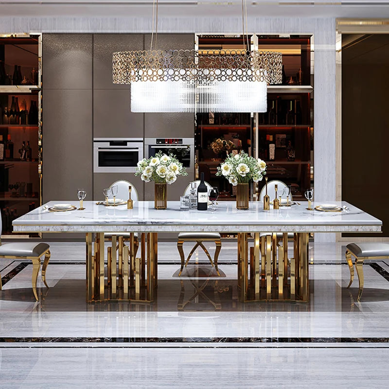 Marble Dining Table Rectangular With Stainless Steel Frame And Marble Surface — White | KIMLUD