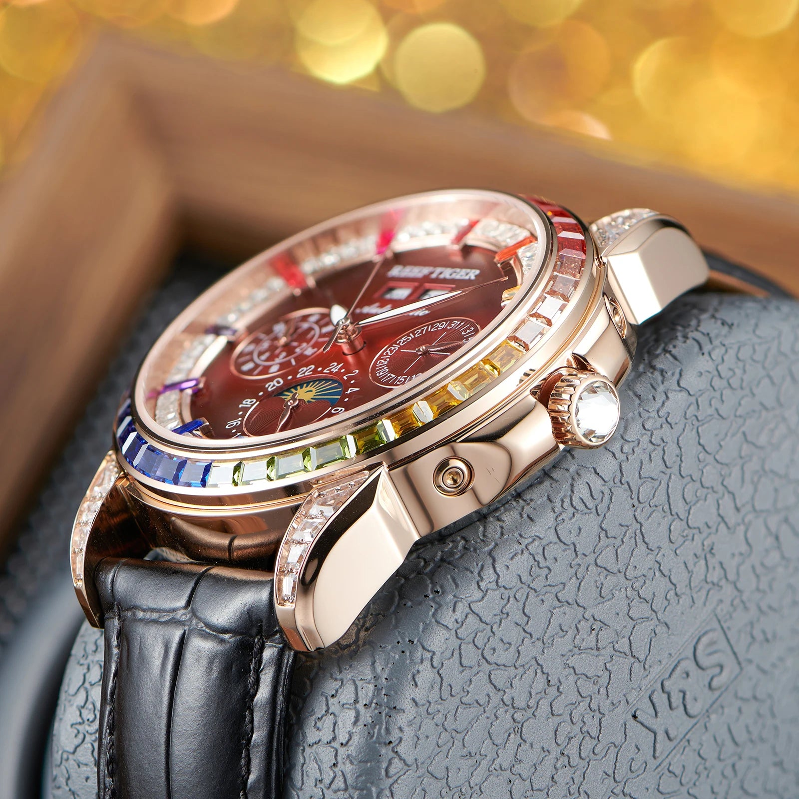 Moonphase Automatic Leather Watch Rainbow Diamond Bezel — Ruby Red | KIMLUD