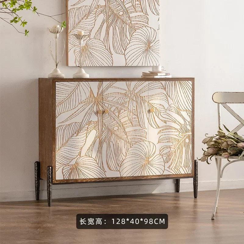 Modern Solid Wood Carving Flower Sideboard Buffet Cabinet with Door, Large Kitchen Storage Cabinet with Solid Wood Console Table