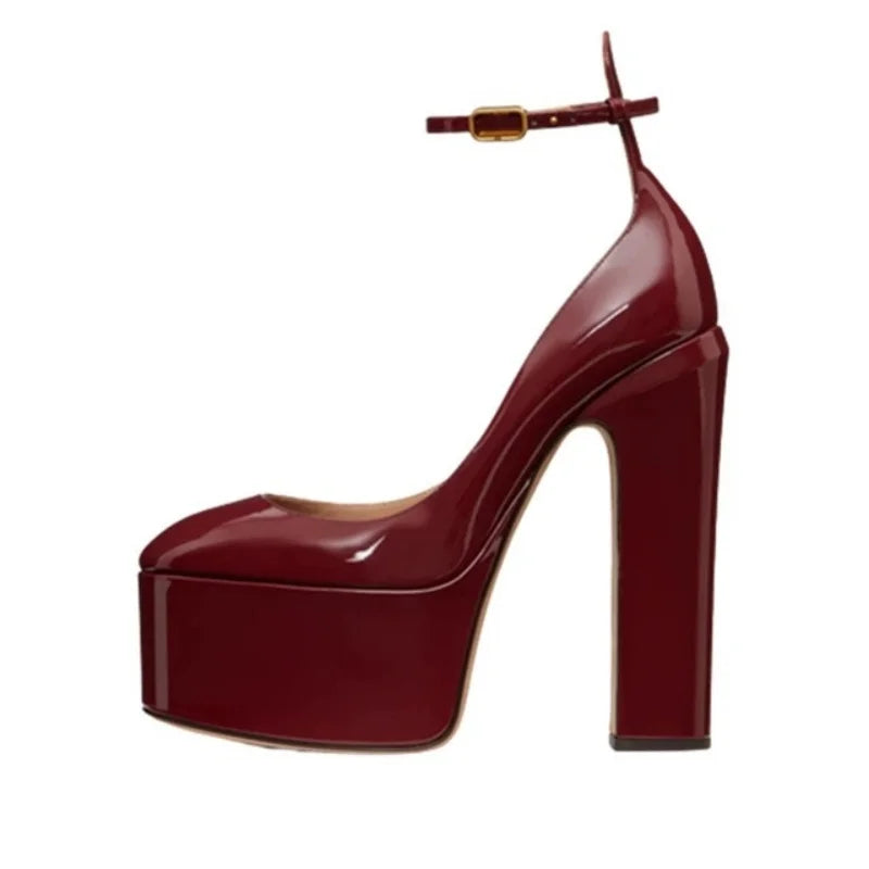 Patent Leather Platform Sandals Round Toe Ankle Buckle — Black | KIMLUD