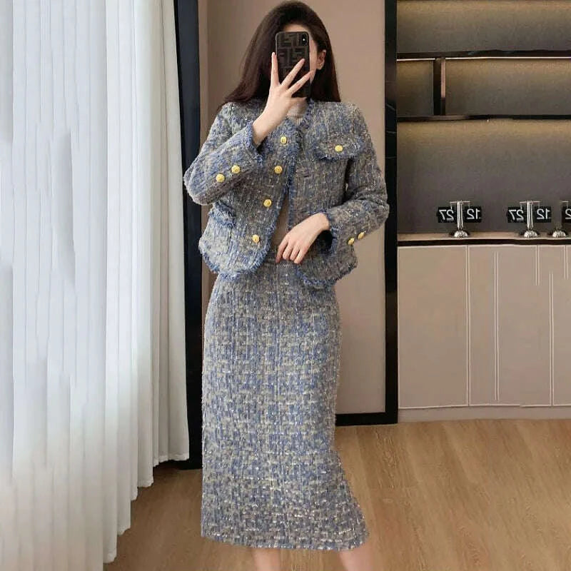 KIMLUD, 2025 Spring Autumn New Tweed Suit Skirt Women's Fashion Loose Sweet Single-Breasted Casual Chic Jacket Two-Piece Sets, KIMLUD Womens Clothes