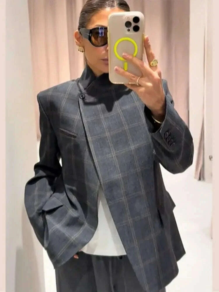 KIMLUD, Women Irregular Plaid Blazer Jacket Fashion Stand Collar Full Sleeve Split Loose Short Coat 2025 Female Daily Commute Outerwear, KIMLUD Womens Clothes