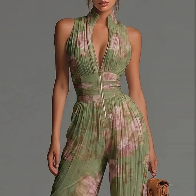 Chiffon Sleeveless Jumpsuit High Waist Pleated Wide Leg Solid — Ivory | KIMLUD