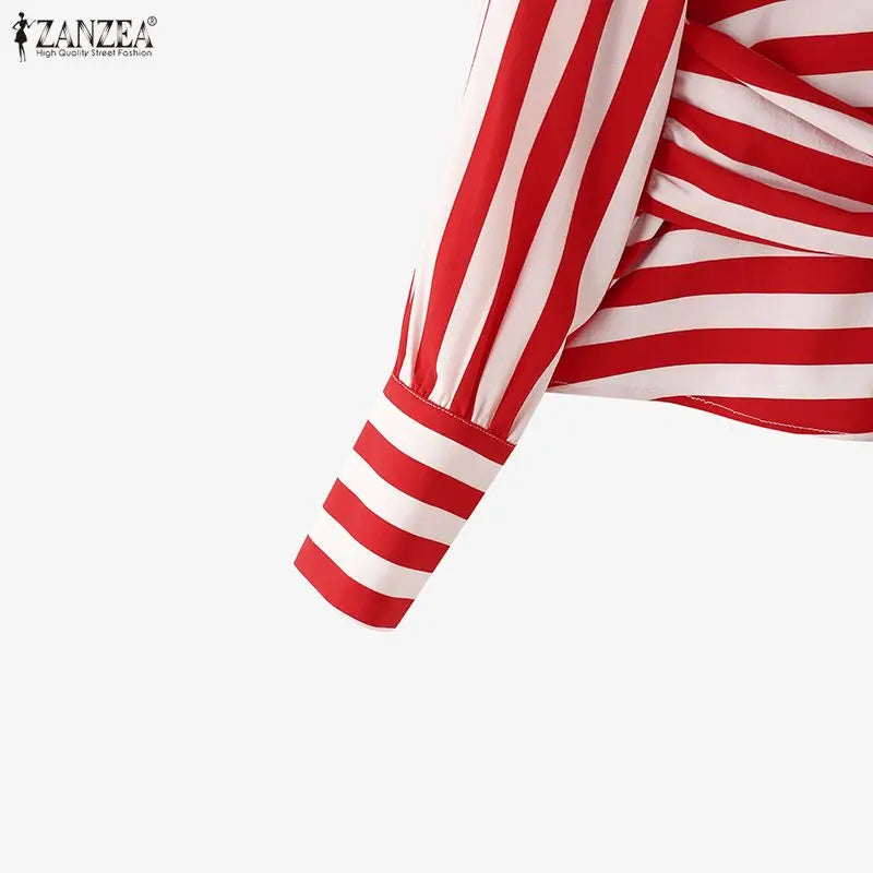 ZANZEA Women Stylish Tie Waist Striped Blouses 2025 Autumn Fashion Long Sleeve Cutout Turtleneck Tops Woman Clothing Streetwear