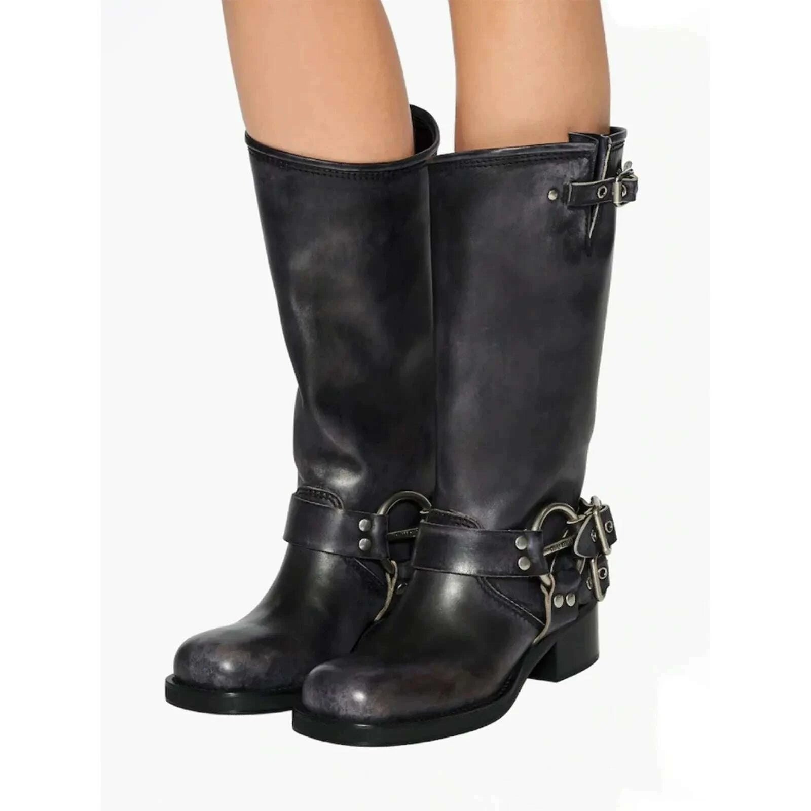 KIMLUD, Arden Furtado 2025Autumn Brown Platform Motorcycle boots Round toe Belt buckle Slip-on Middle heel Knee high boots Western boots, KIMLUD Womens Clothes