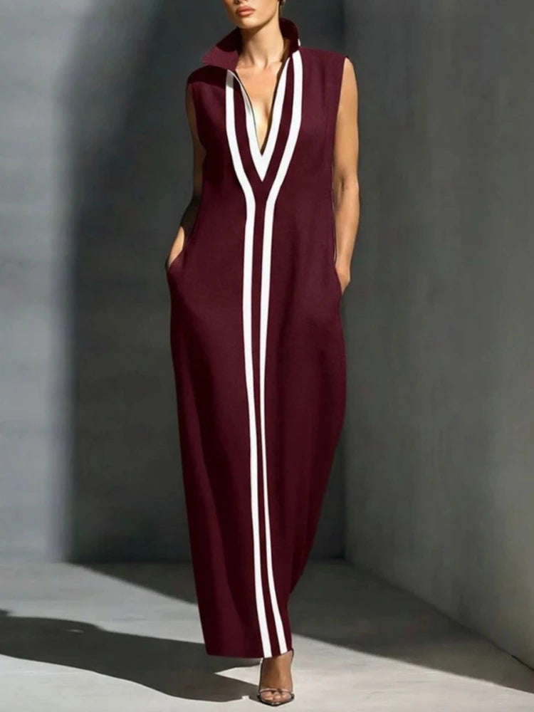 Fashion Colourblock Maxi Dress Women Casual Deep V-neck Sleeveless Loose Dresses 2026 Summer Elegant Party Street Vestidos