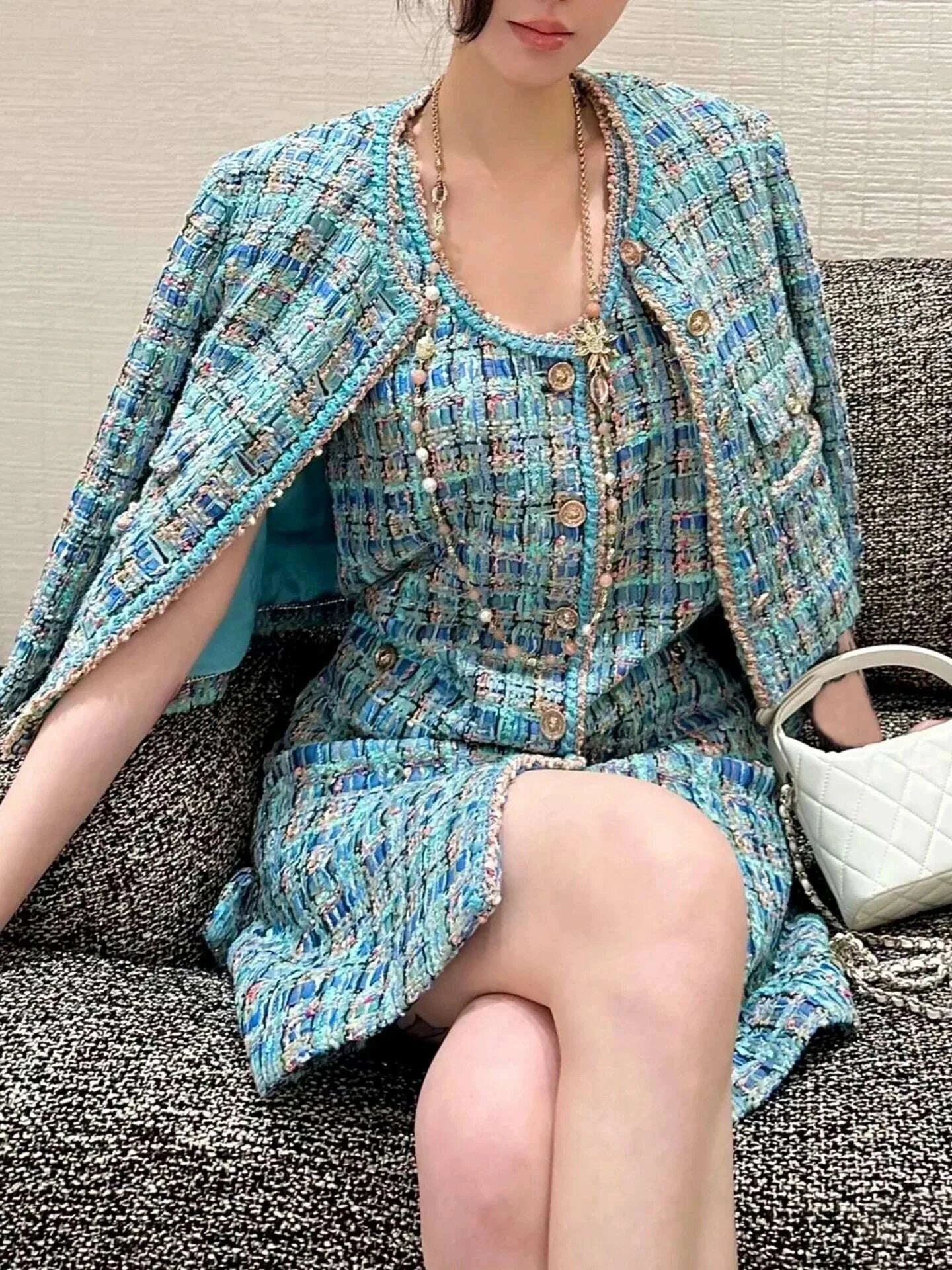KIMLUD, 2025 New French Lady Blue Green Tweed round Neck Single Button Small Fragrance Style Jacket Vest Dress Set Casual Suit, KIMLUD Womens Clothes