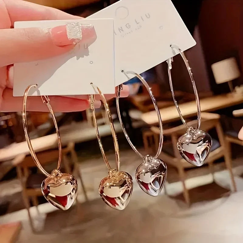 Alloy Heart Shaped Pendant Hoop Earrings — Silver | KIMLUD