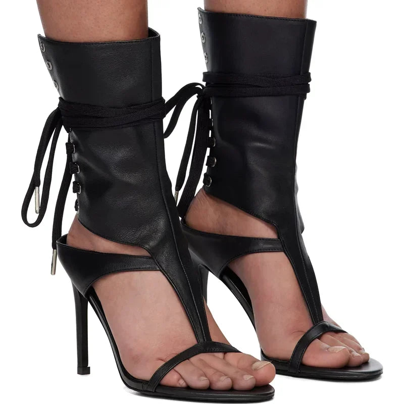 Leather One Word Belt Strap Heels — Black | KIMLUD