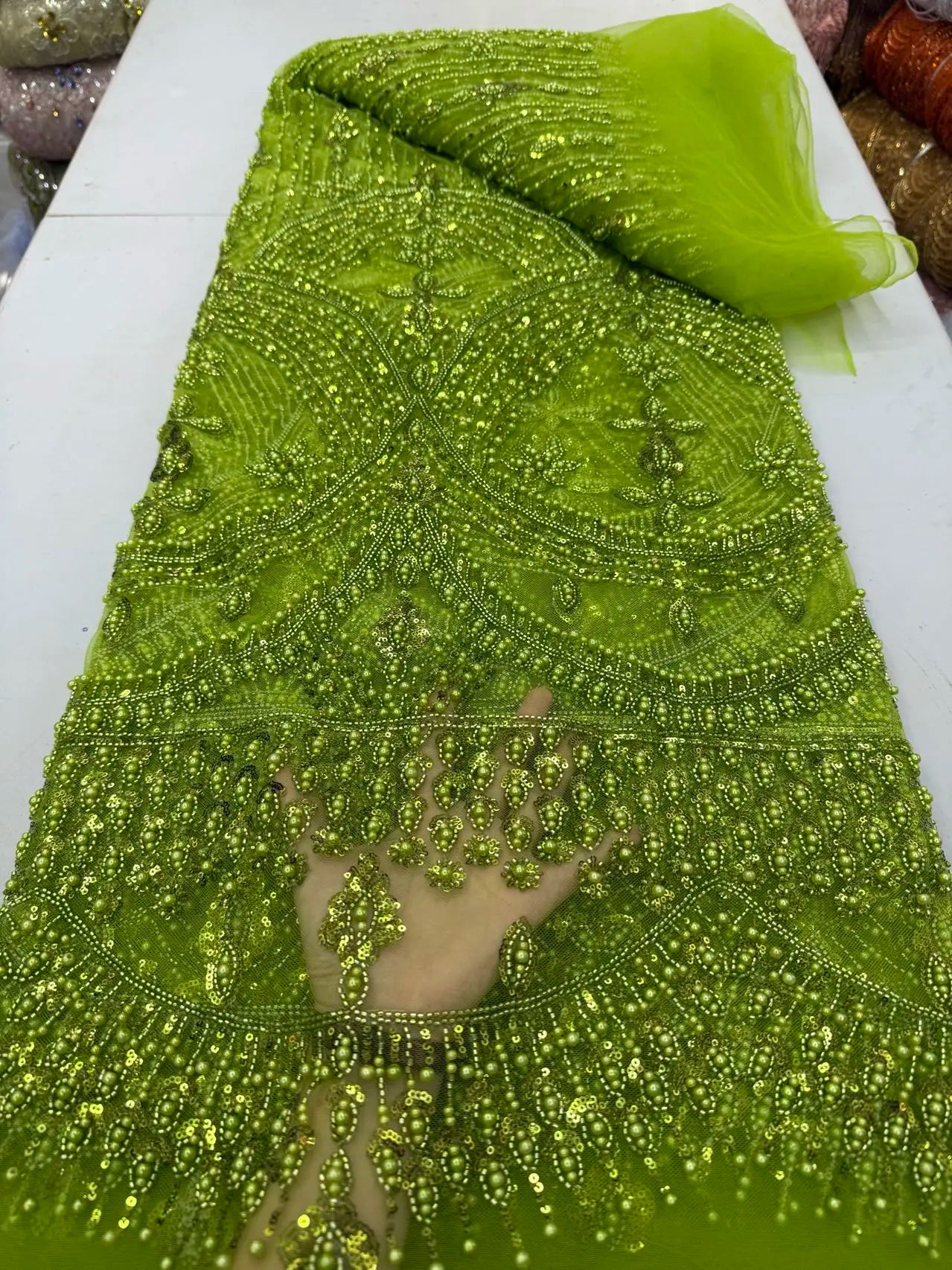 Sequins Lace Fabric – Heavy Beaded – Polyester | KIMLUD