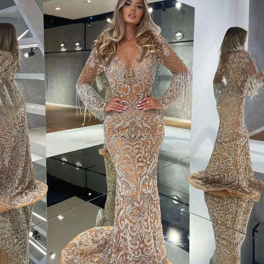 KIMLUD, 2025 New Spring Cross-Border Women's Evening Dress Long Sexy Elegant Fringed Gold-Sprinkled Mermaid Gown For Wedding, KIMLUD Womens Clothes