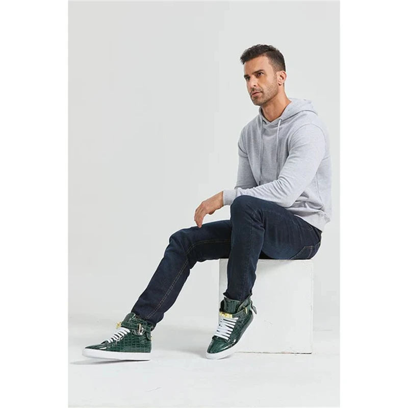 High Top Sneakers – Gold Buckle – Crocodile Pattern Leather | KIMLUD