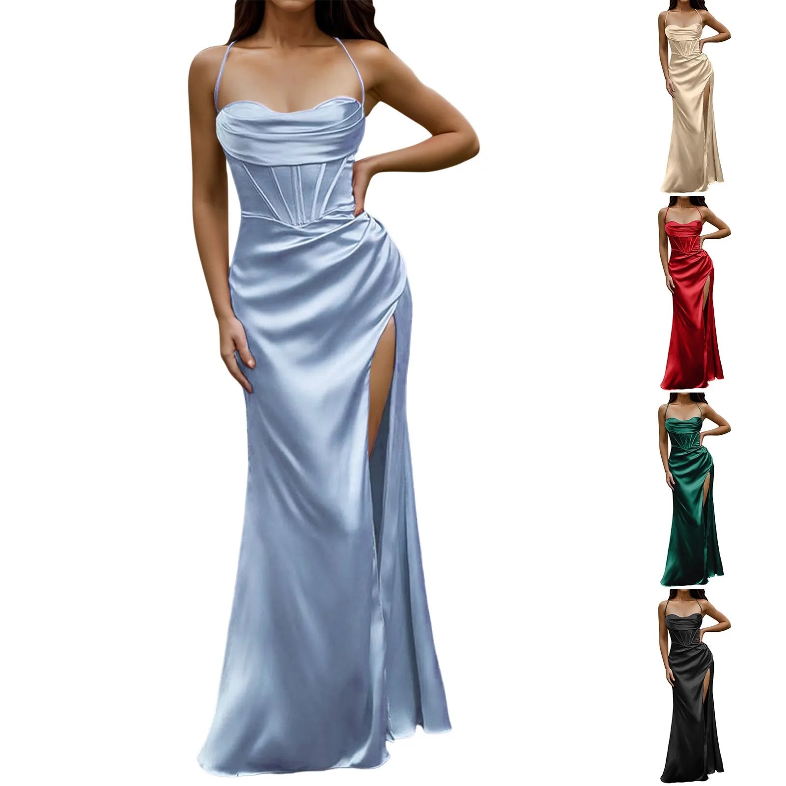 Dresses – Lace Up Backless High Slit Corset Maxi – Polyester – Green | KIMLUD