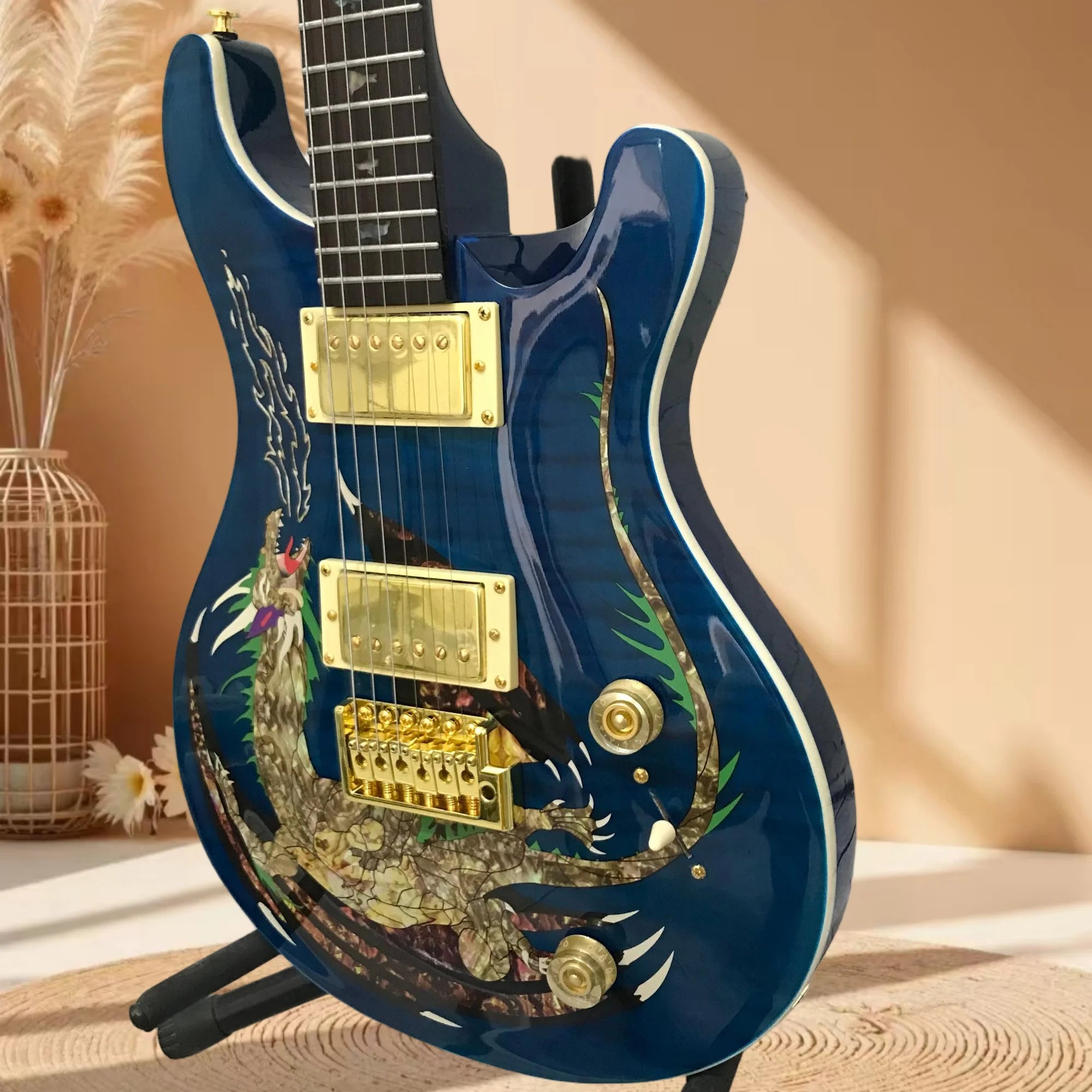 Mahogany Body Dragon Inlay Electric Guitar — Blue | KIMLUD