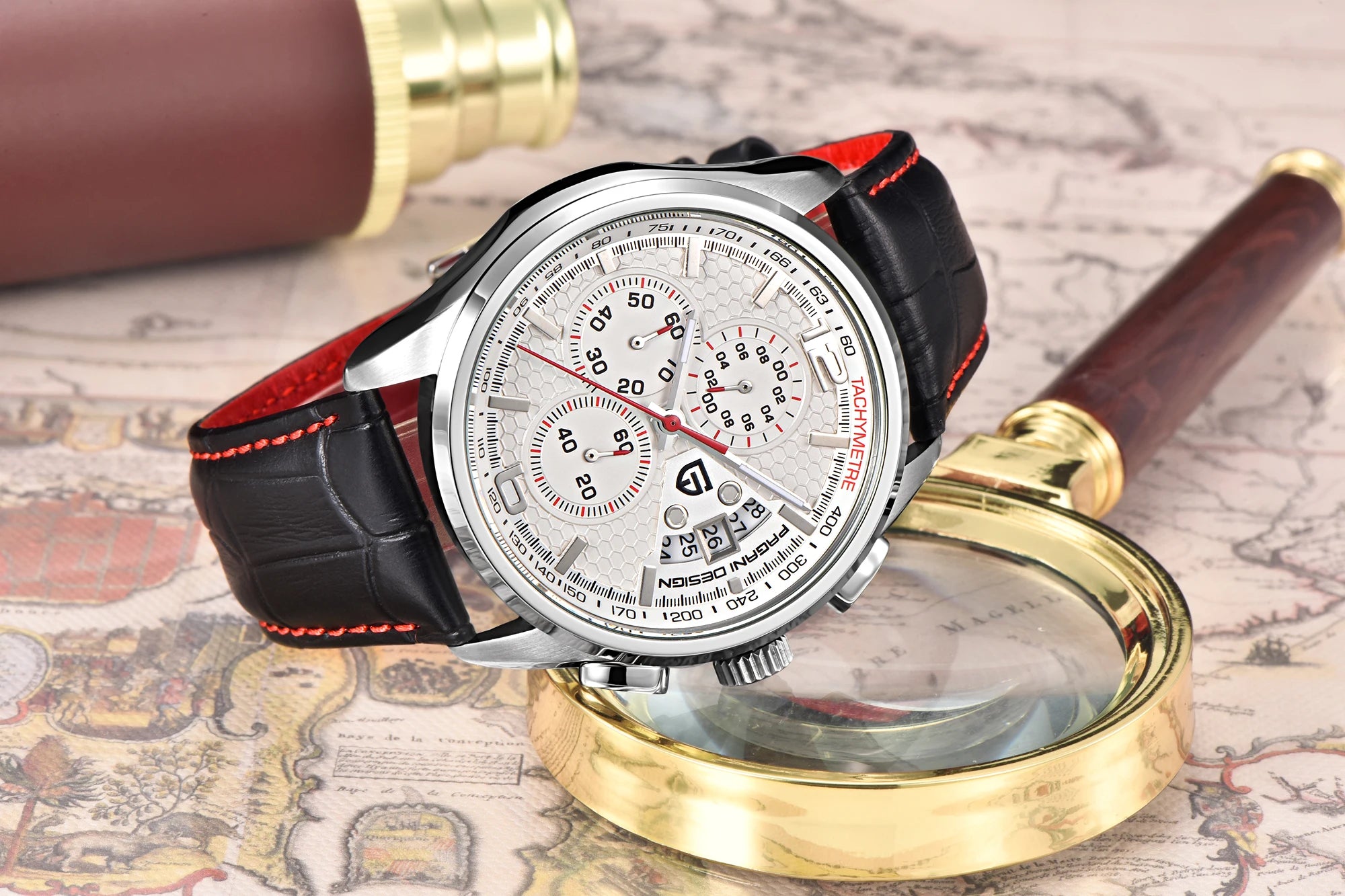 Leather Chronograph Honeycomb Dial Watch — White | KIMLUD