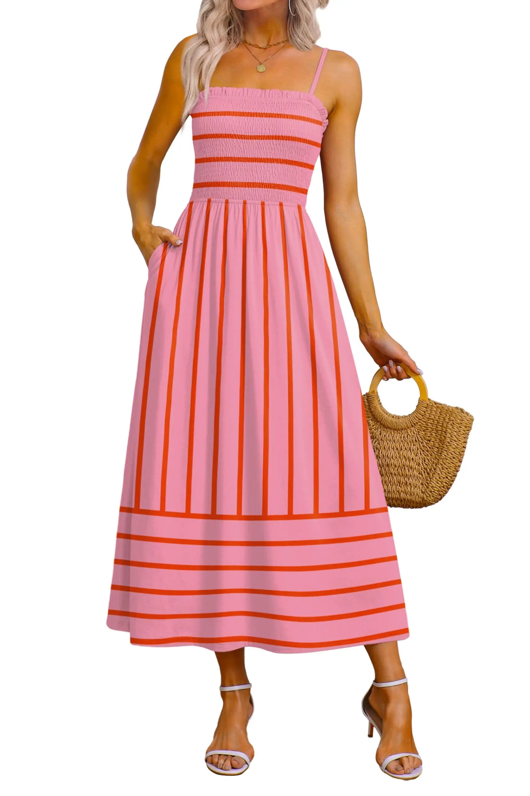 Spaghetti Strap Maxi Dress – Smocked Waist – Polyester Fiber | KIMLUD