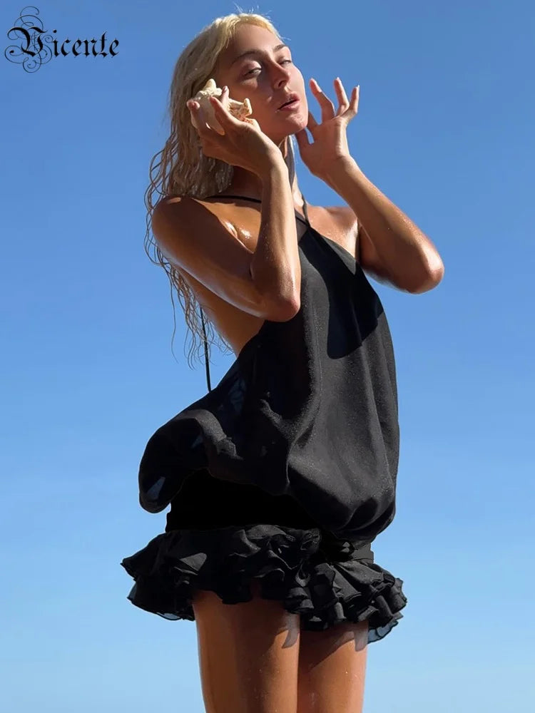 VC Edgy Black Halter Sleeveless Mini Dress Gown with Open Back for Trendy Parties