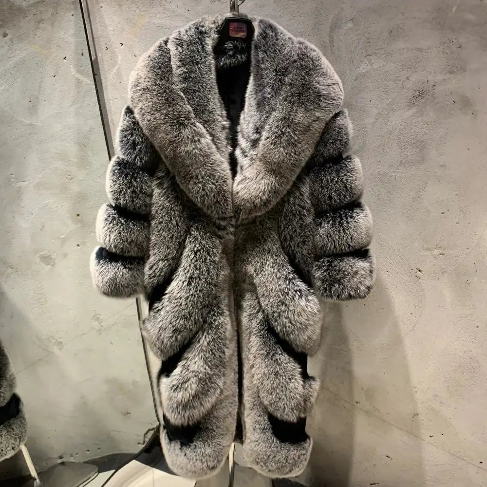 High End Customization Diagonal Stripe Fur Jacket Extra Long Floor Full Length Luxury Silver Fox Fur Coat with Big Collar