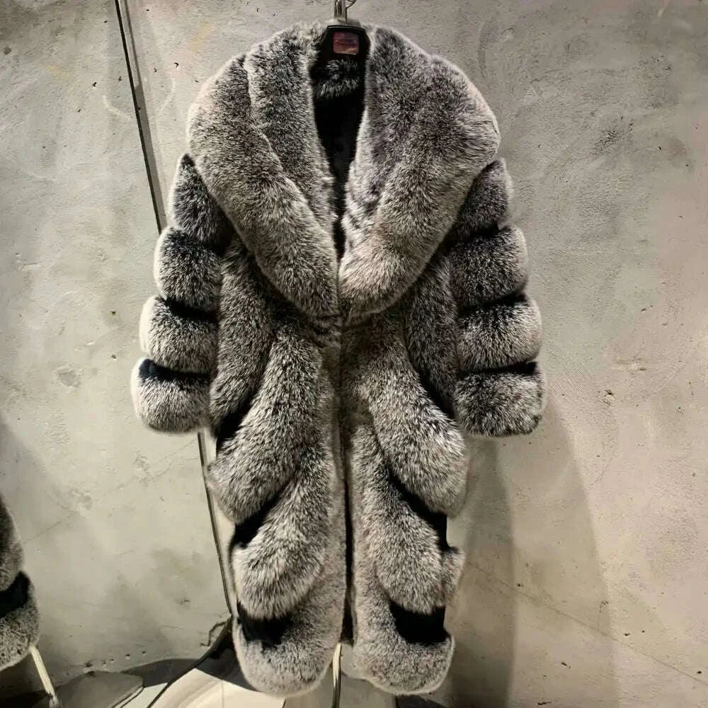 KIMLUD, High End Customization Diagonal Stripe Fur Jacket Extra Long Floor Full Length Luxury Silver Fox Fur Coat with Big Collar, KIMLUD Womens Clothes