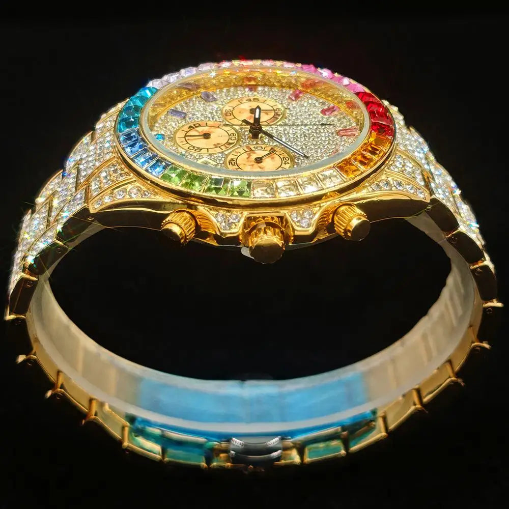 Gold Stainless Steel Watch Rainbow Diamond — Gold | KIMLUD