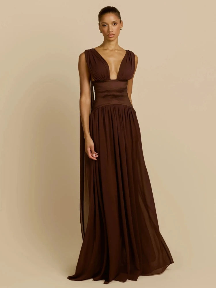 Evening Maxi Dress – Sexy Deep V-Neck Backless – Polyester | KIMLUD