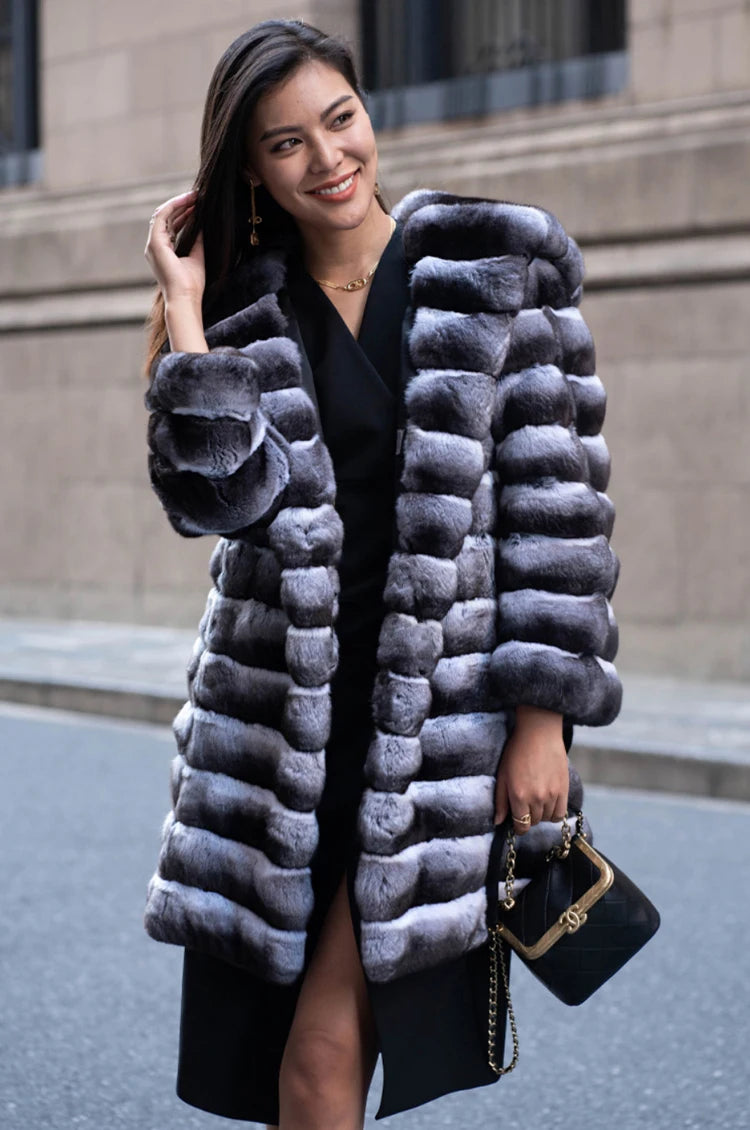 Women's fur coat winter warm mink coat casual mid-length thick hooded trench coat