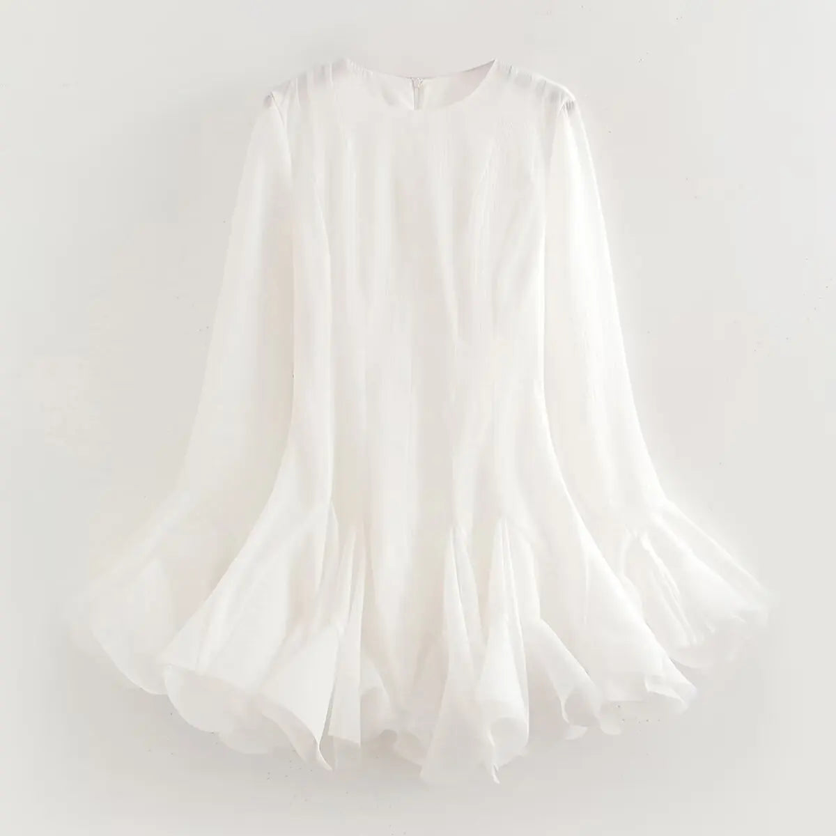 2026 Summer Women's Elegant Multi-Layered Ruffled Hem Mini Dresses Lady Sweet French Style Long Flare Sleeve Slim Fit Puffy Robe