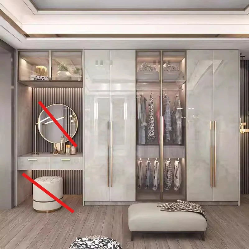 Glass Door Modern Wardrobe With Ample Storage And Brass Hardware — Pale Gray | KIMLUD