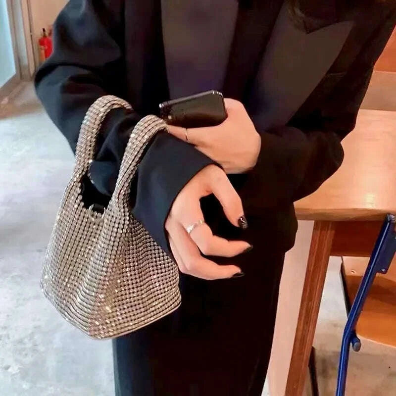 KIMLUD, Handle Rhinestones Evening clutch Bag Purses and handbag luxury Designer hobo shoulder bag Shiny Crystal Clutch purse bucket bag, KIMLUD Womens Clothes