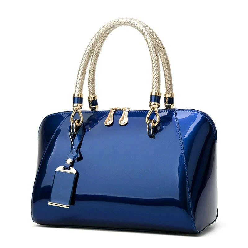 KIMLUD, Luxury Designer Handbag Shiny Leather Boston Bag 2023 Fashion New Blue Red Black Beige Pink Bags for Women Sac De Luxe Femme, KIMLUD Womens Clothes