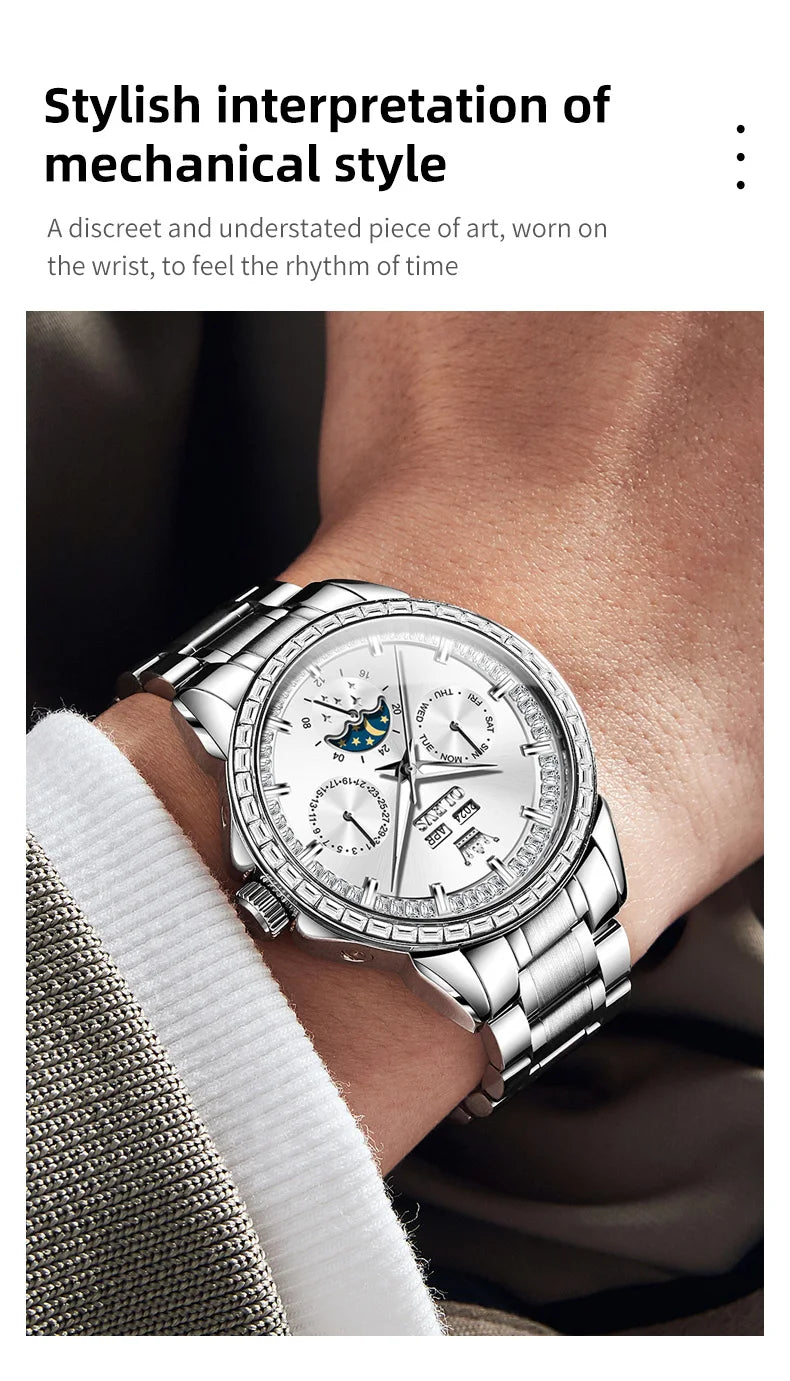 Rose-Gold Moon Phase Diamond Bezel Watch — Black | KIMLUD