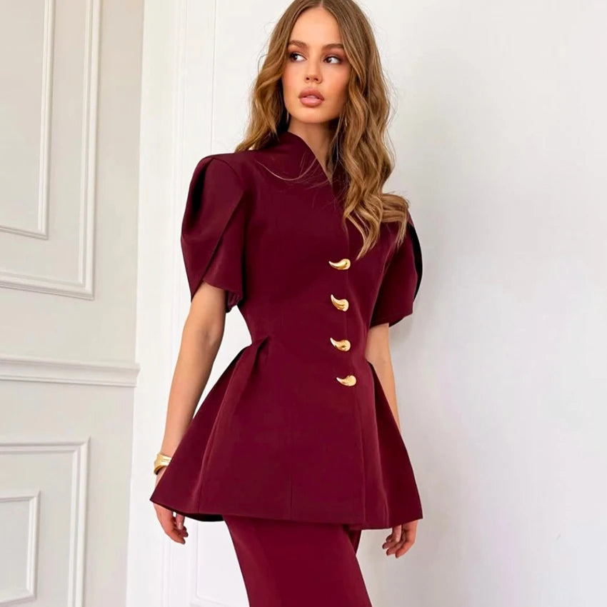 Linad Elegant Wine Red Puff Sleeve Woman Blouse 2026 Vintage Single Breasted Tops Spring Street Chic Black V Neck Ladies Tops