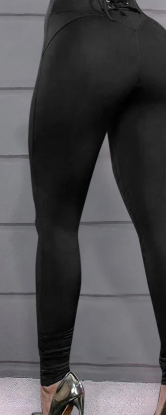 Women Solid Color Slim Leggings Pants Back Waist Strap Design Waist Lift Hip Tight Trousers Ankle Length Slim