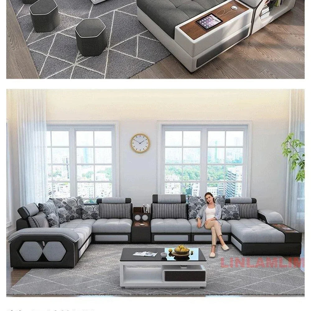 U-Shaped Sectional Fabric Sofa With Storage And Built-In Side Table — Gray | KIMLUD