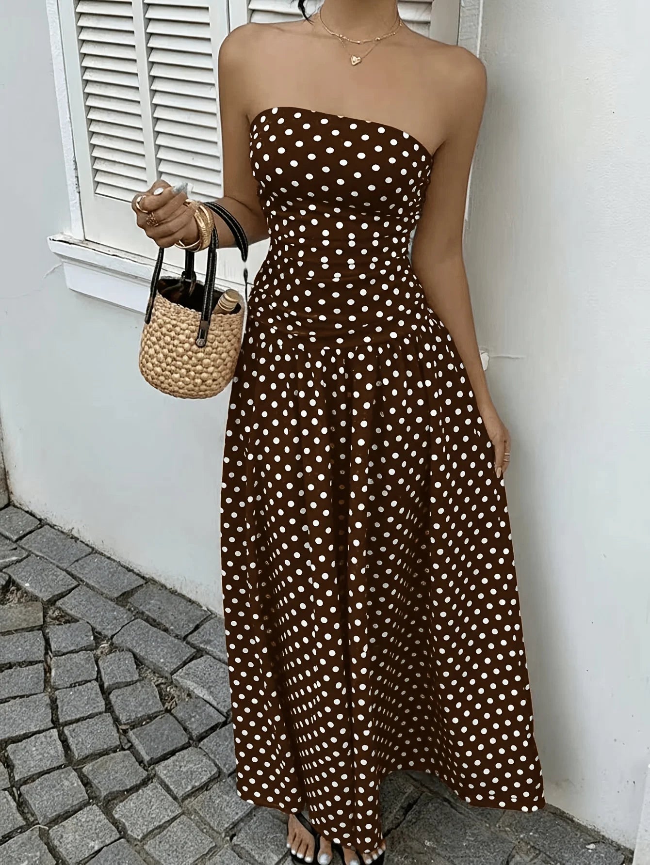 Polyester Polka Dot Maxi Vest Dress — Brown | KIMLUD