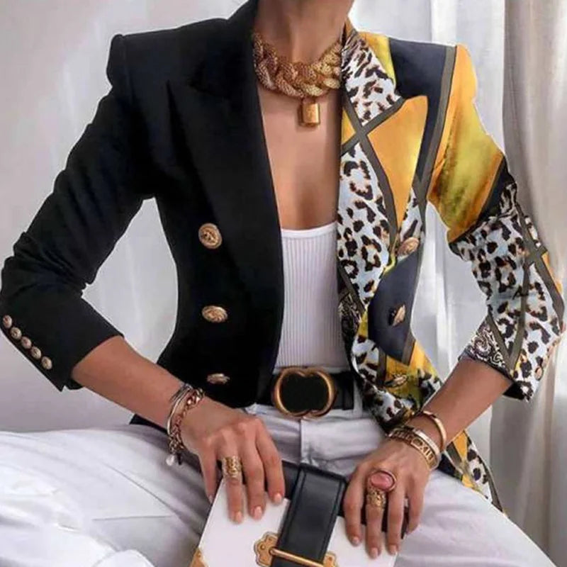 KIMLUD, Long Sleeve Button Patchwork Simple Outerwear, Women Spring Autumn Turn-Down Collar Chic Coats, New Print Fashion Ladies Blazers, KIMLUD Womens Clothes