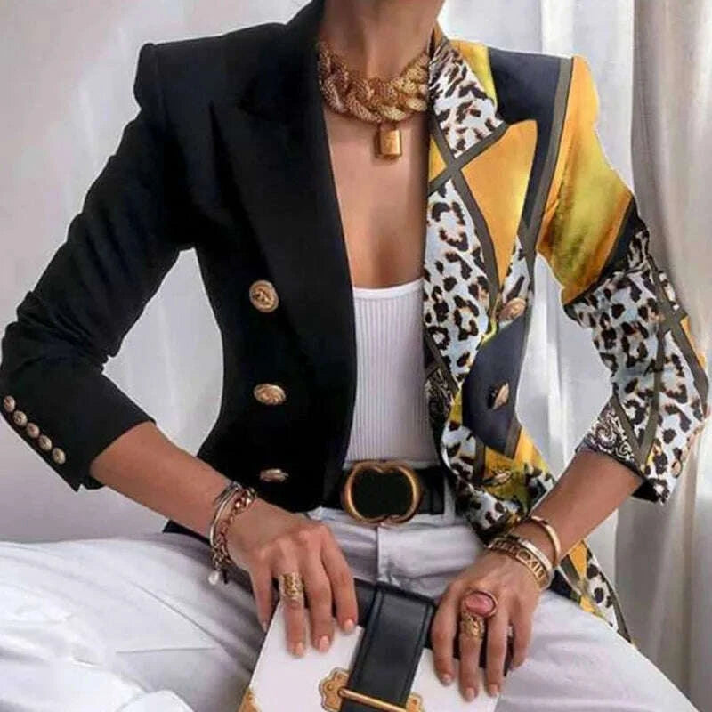 KIMLUD, Long Sleeve Button Patchwork Simple Outerwear, Women Spring Autumn Turn-Down Collar Chic Coats, New Print Fashion Ladies Blazers, KIMLUD Womens Clothes