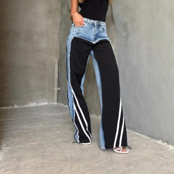 Street Splicing Jeans for Women's Autumn New Style Pants Contrast Striped Fringed Jeans