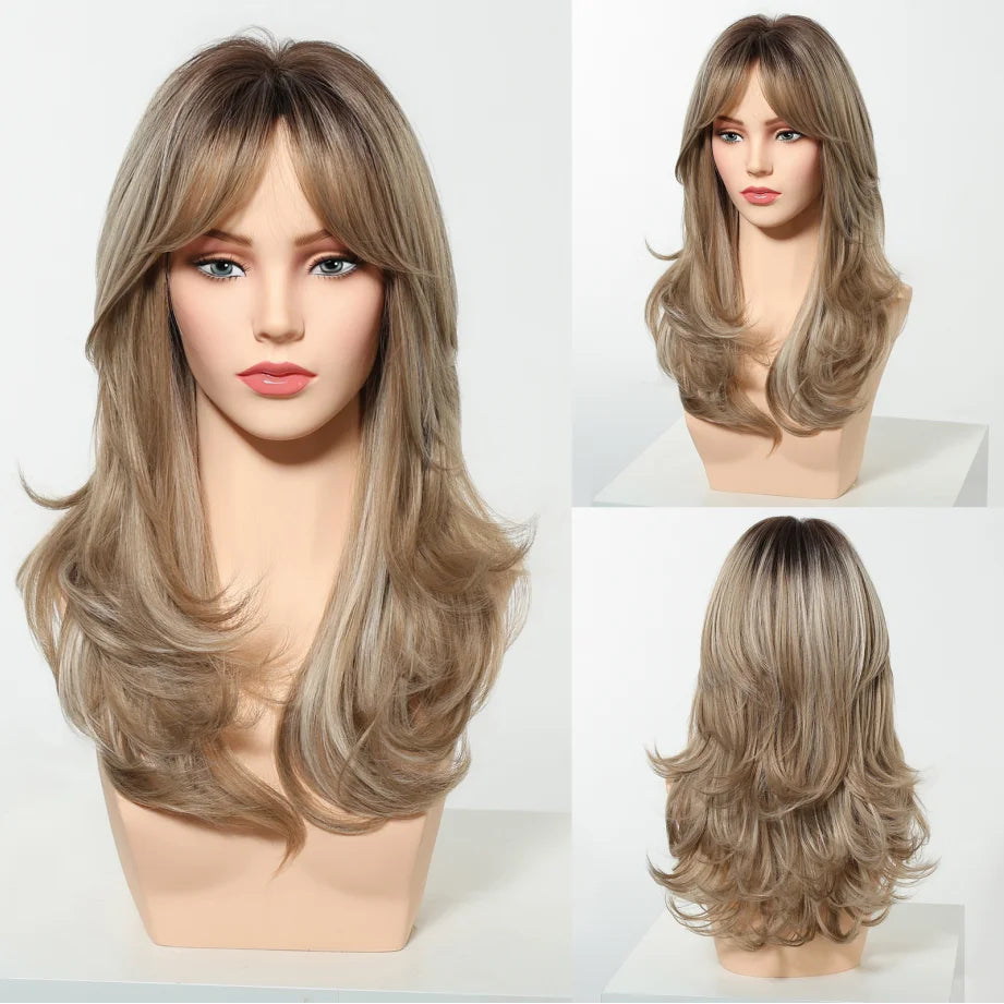 Wig – Medium-Length Layered Straight Bangs – Synthetic Hair – Grey | KIMLUD