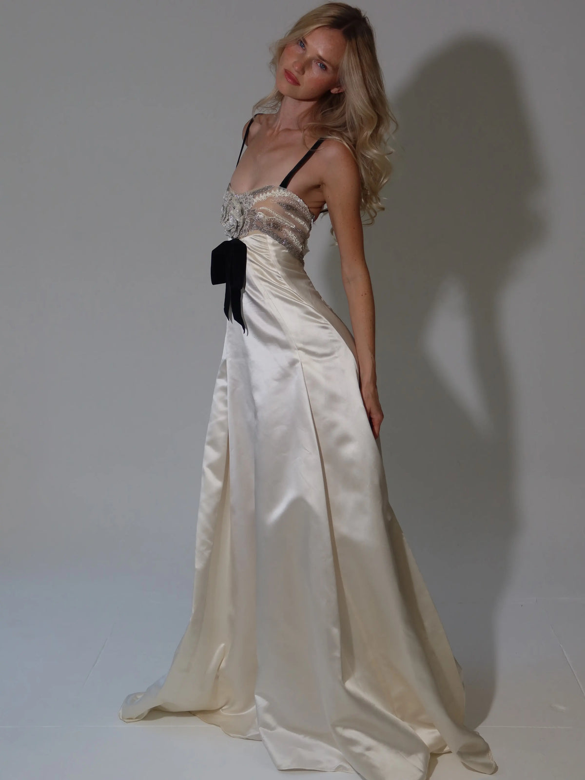 Evening Gown – Crystal Beaded Corset Bow – A-Line Silhouette – Ivory | KIMLUD